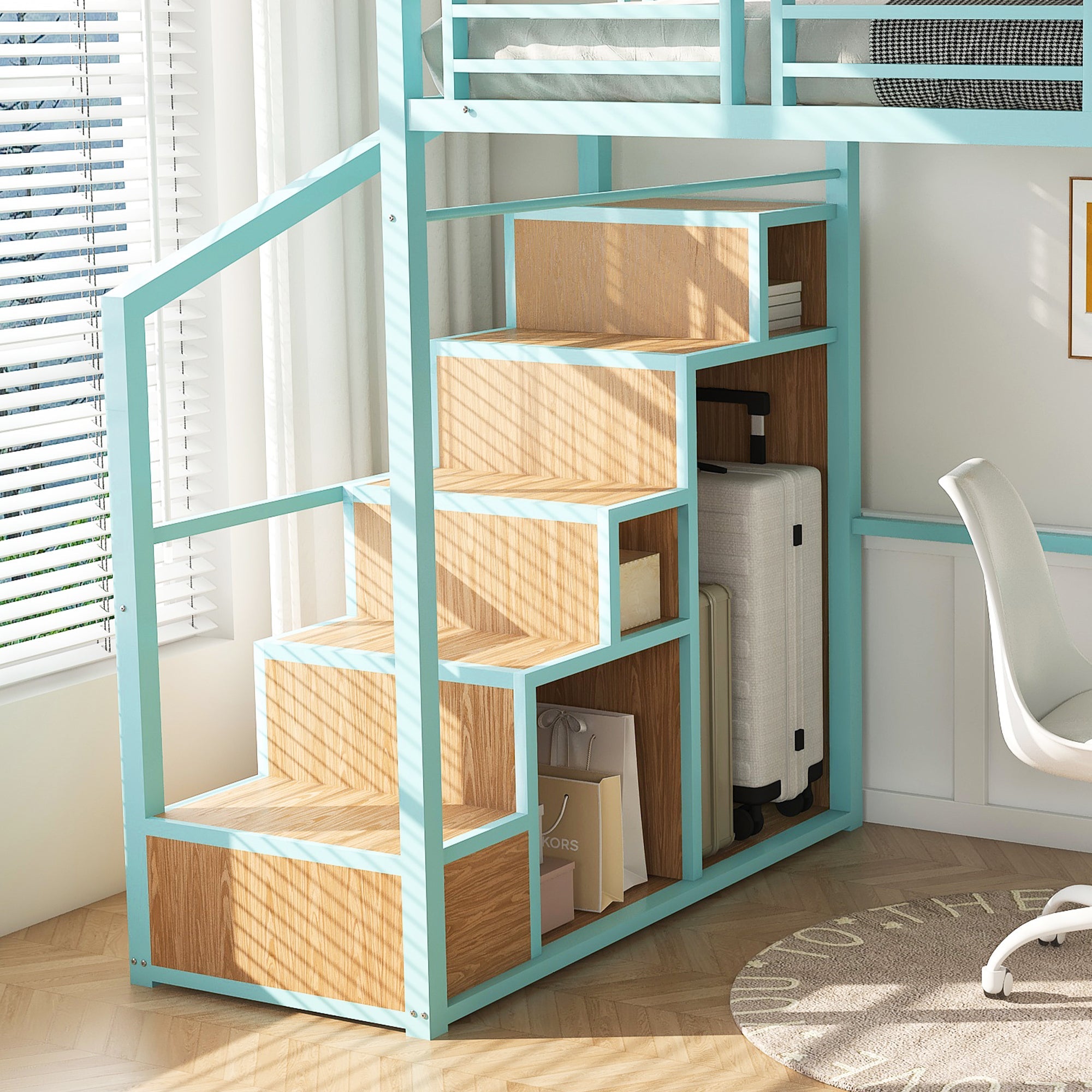 Heavy Metal Frame Full Loft Bed with Desk & Storage, 4 Cabinets, Staircase, Rack Space-Saver for Kids/Teens, Green Color