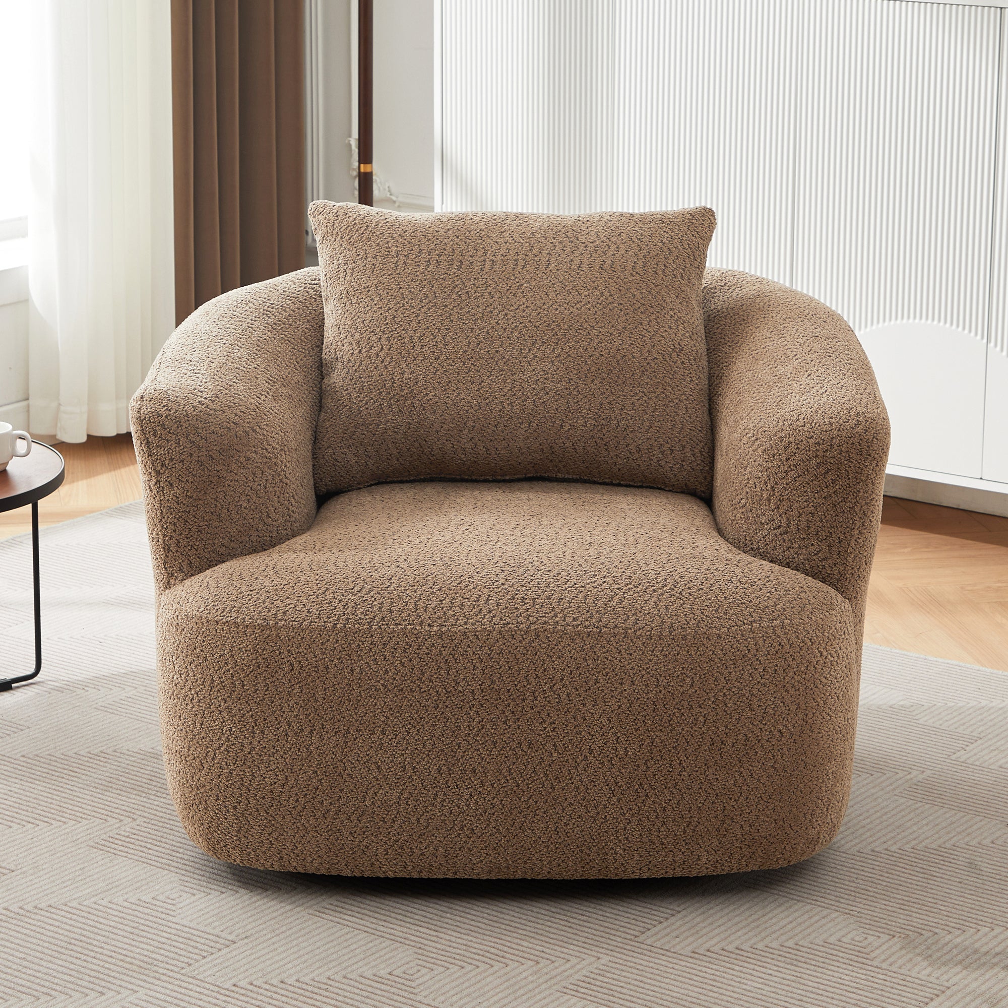 Chenille Upholstered 360° Swivel Chair with Throw Pillow, Dark Brown, 38.2' Accent Chair Sofa for Living Room and Office