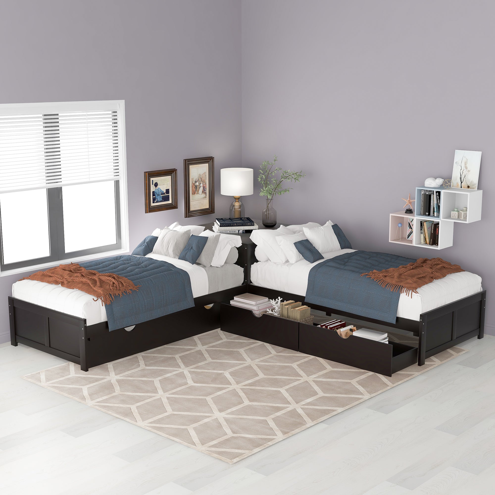 L-shaped Platform Bed with Trundle and Drawers Linked with built-in Desk,Twin,Espresso(Old SKU:SM000916AAP)