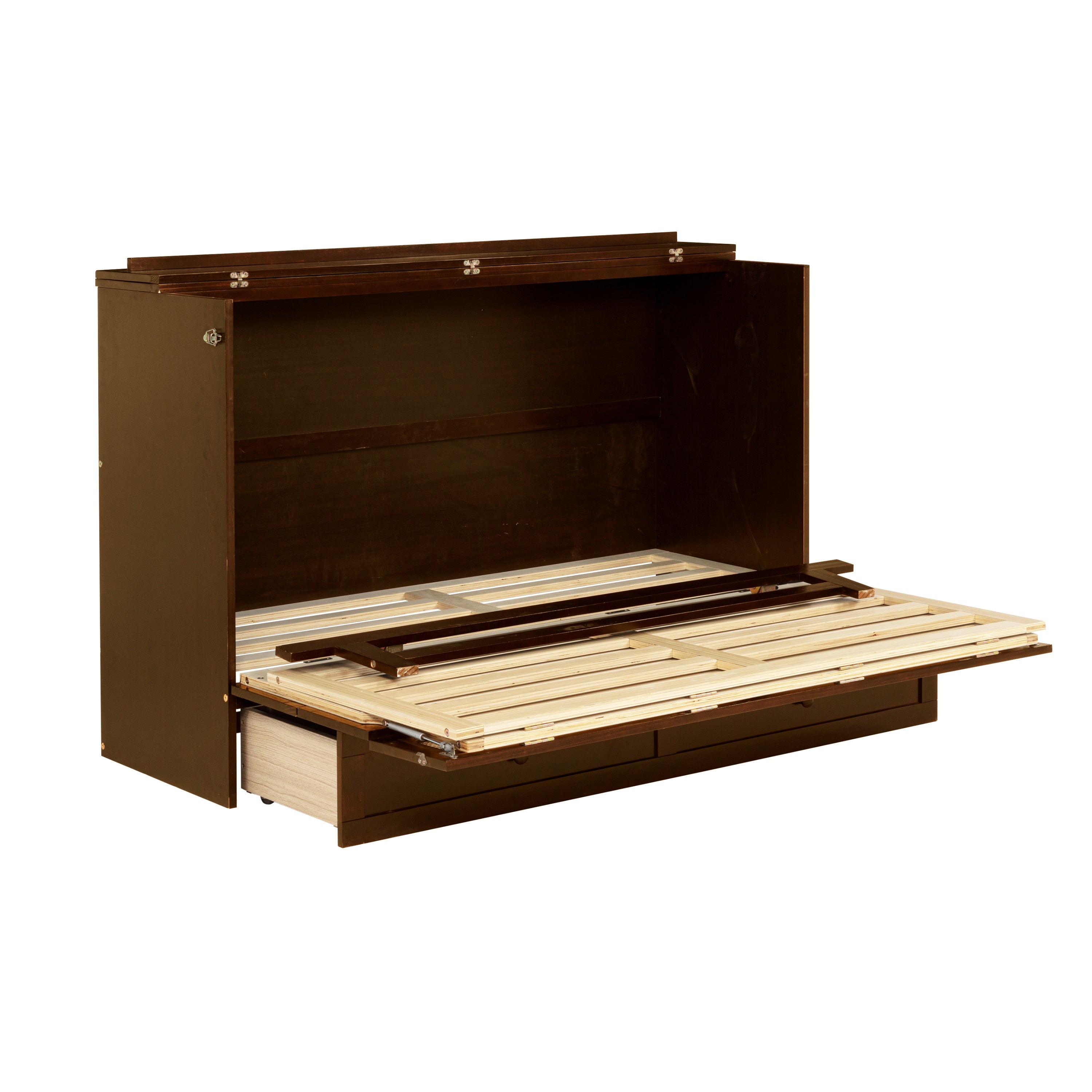 Queen Size Murphy Bed, Pine Wood Cabinet Bed with Rattan Decoration and Storage Drawer,Walnut