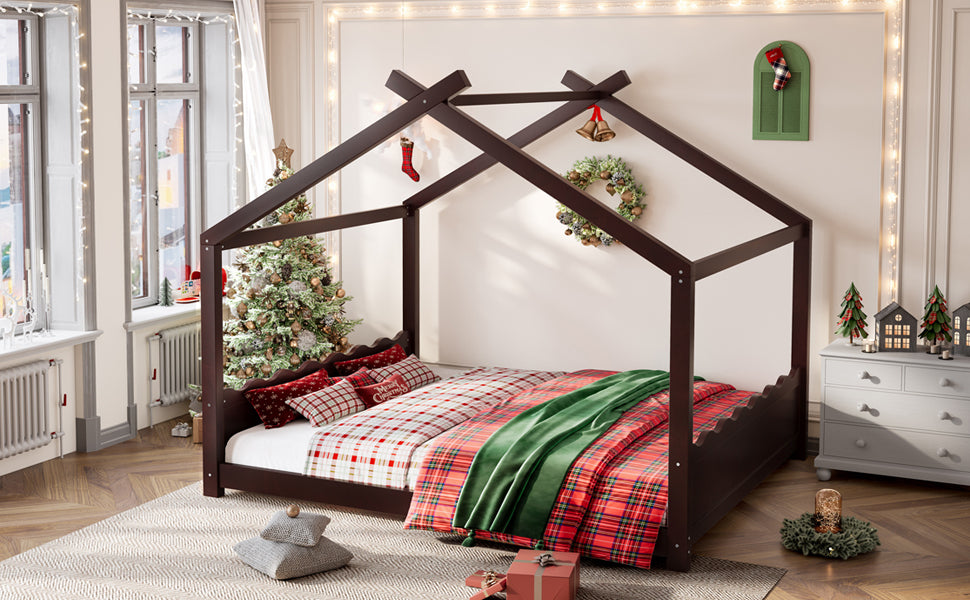 Queen House Floor Bed with Support Slats, Solid Wood House Bed Frame for Kids, No Box Spring Needed and Opening Constructure, Espresso