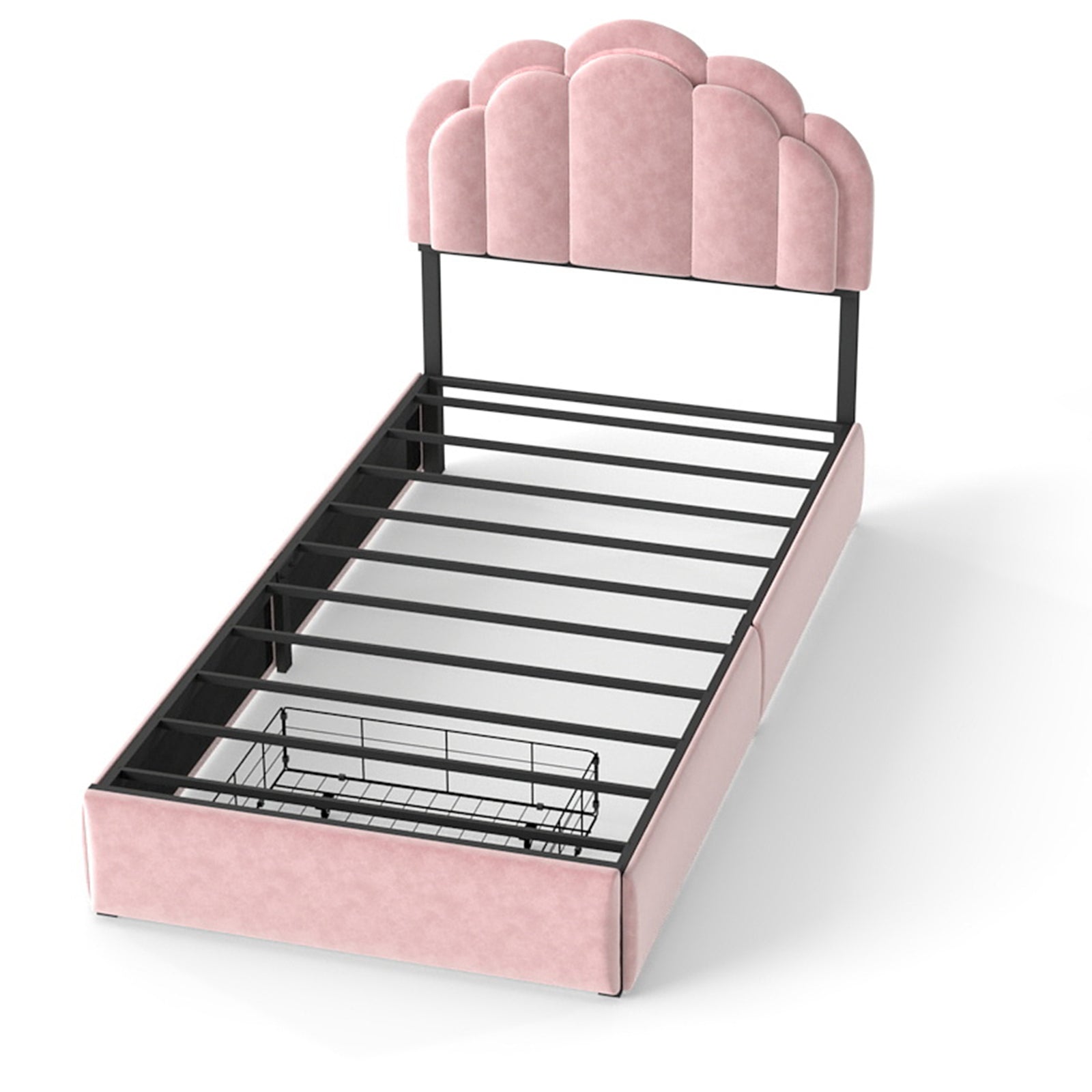 Velvet Petal Platform Bed with RGB LED Lights & Storage Drawers, Pink Wood+Metal Design, 72' L x 43' W x 39' H
