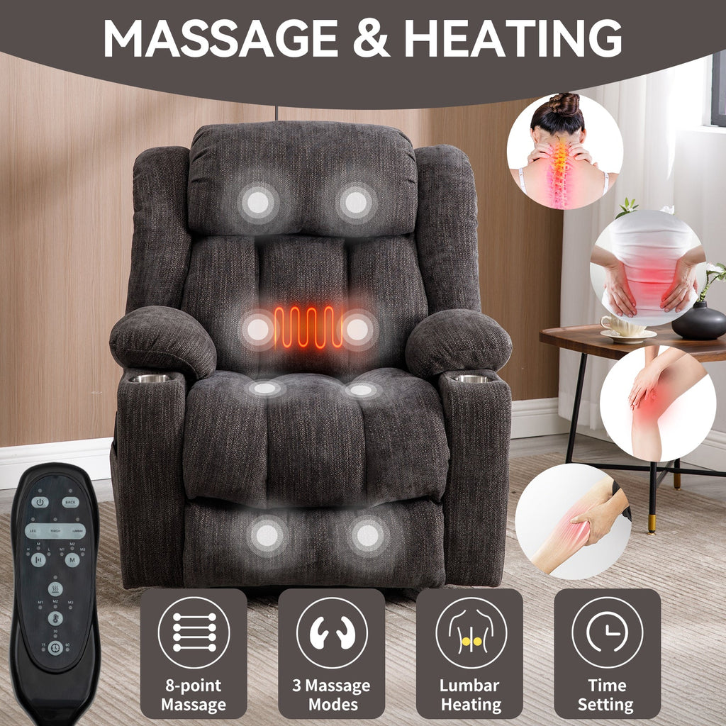 Up to 350 LBS Chenille Power Lift Recliner Chair, Heavy Duty Motion Mechanism with 8-Point Vibration Massage and Lumbar Heating, USB and Type-C Ports, Stainless Steel Cup Holders, Grey