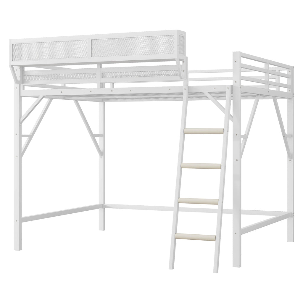 Queen Size Loft Bed with Ladder, Metal Queen Loft Bed with Storage Shelves, High Loft Bed for Kids Teens, White(Expect Arrival Date 2025/12/3  Old SKU W2580P351278)