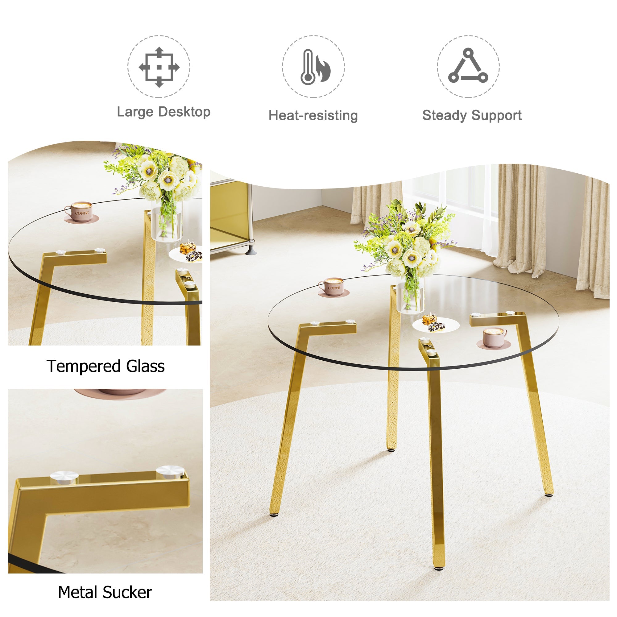 Modern minimalist style circular transparent tempered glass table, tempered glass tabletop, golden metal legs, suitable for kitchen, dining room, and living room, 42 '* 42' * 29.5 '1123r