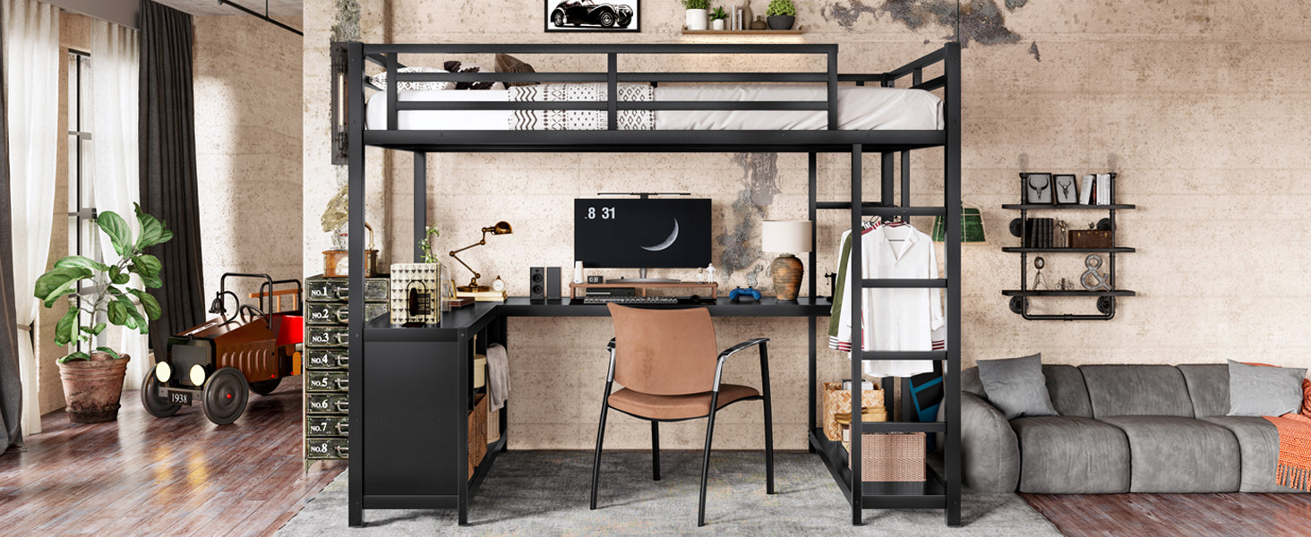 Metal Loft Bed with Wardrobe and L-shaped Desk, Twin XL Size Loft Bed with Storage Cubes and Shelves, Loft Bed for Kids Teens Adults, Black