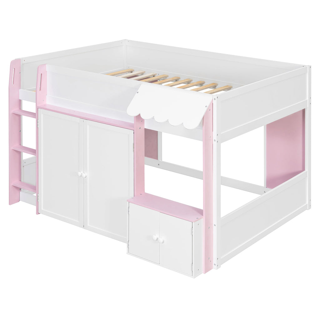 Full Loft House Bed with Playhouse & Storage, Modern Wood Cabin Bed for Kids/Teens, White+Pink
