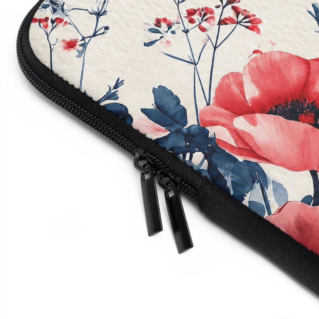 Red Poppy Watercolor Laptop Sleeve | Floral Bee Botanical Tech Cover