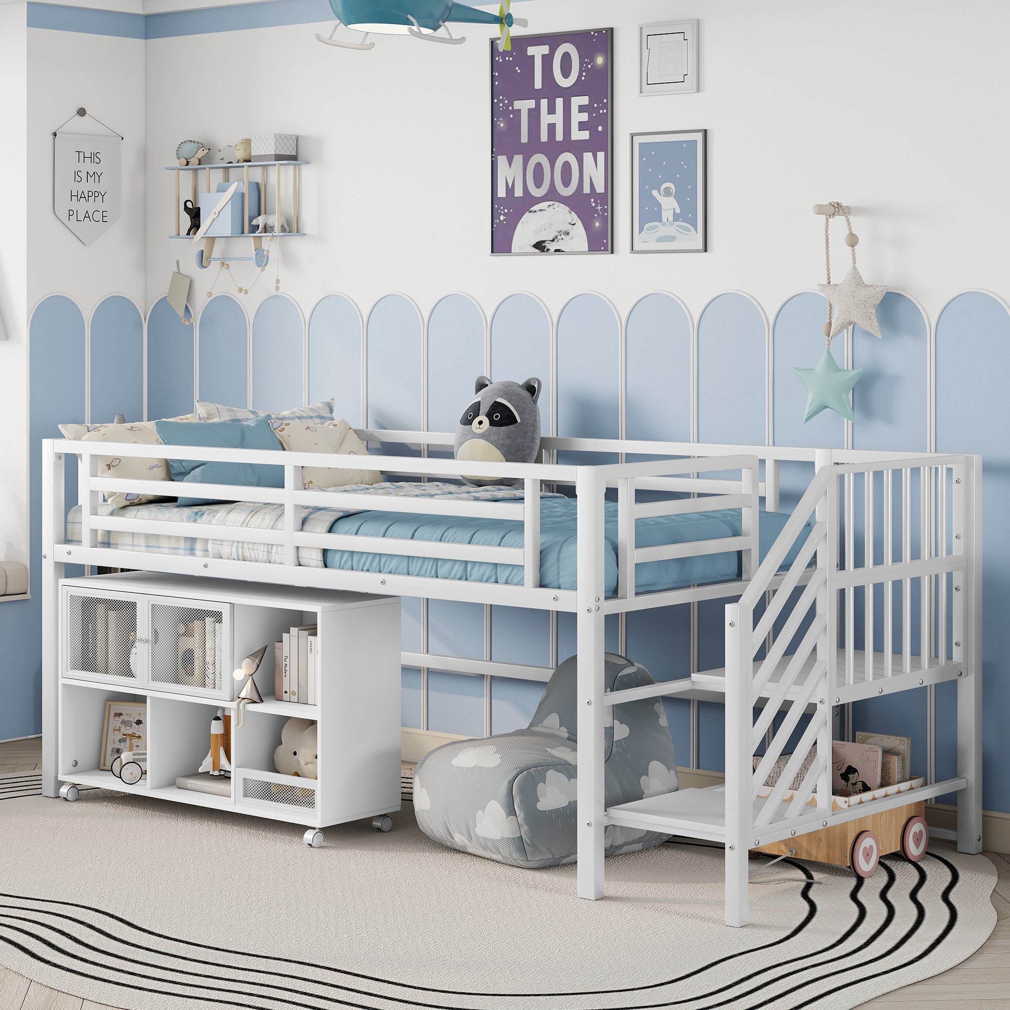 Twin Metal Loft Bed with Storage Cubby, Low Metal Loft Bed with Stairs for Kids, White, Expect Arrival Date 2025/11/10