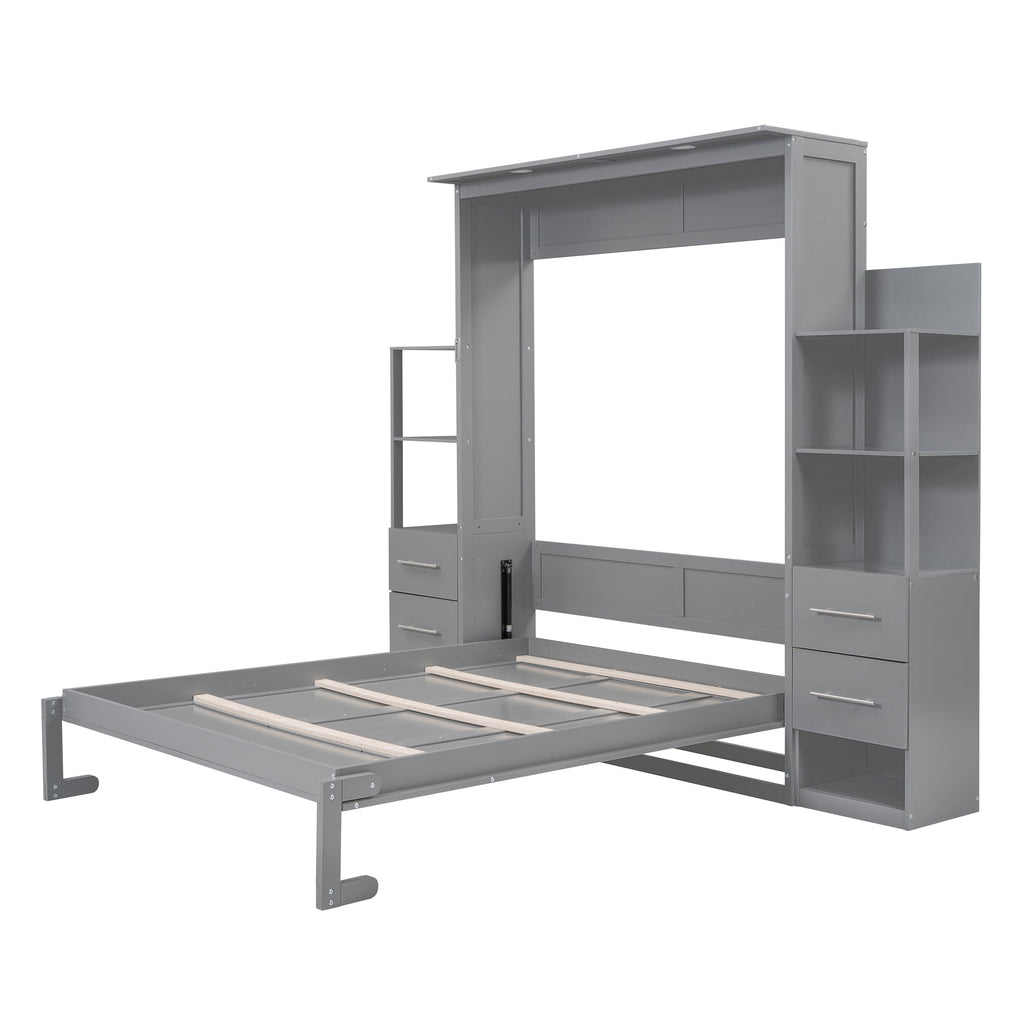 Queen Size Murphy Bed Wall Bed with Shelves, Drawers and Lights,Gray(OLD SKU:LP000566AAE-1)