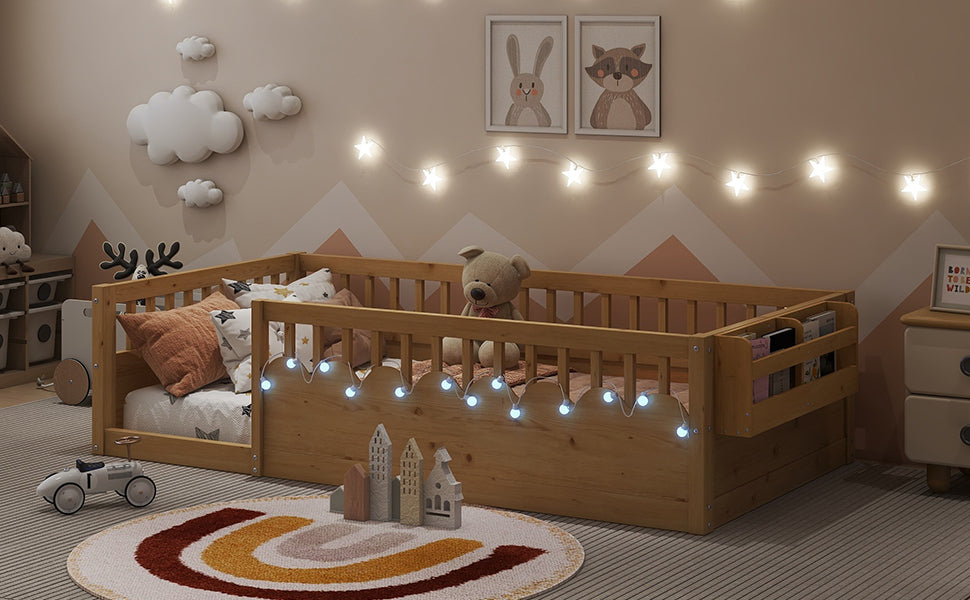 Twin Montessori Floor Bed Frame with High Rails, Wood Kids Floor Beds with Light and Storage Shelf, Natural (Expect Arrival Date 2025/8/15)