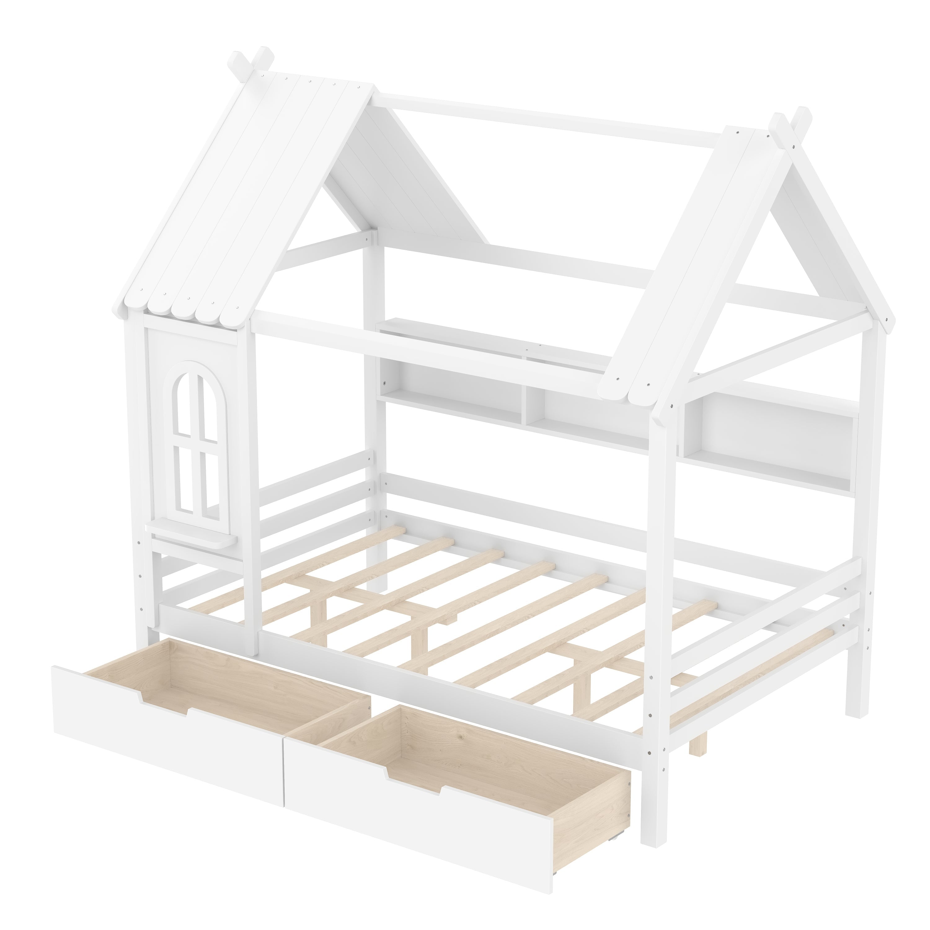 Full house Beds with Storage Drawers and Window, Solid Wood House Platform Bed Frame with shelves, for Kids, Girls, Boys, No Spring Box Needed and Childlike Design, White