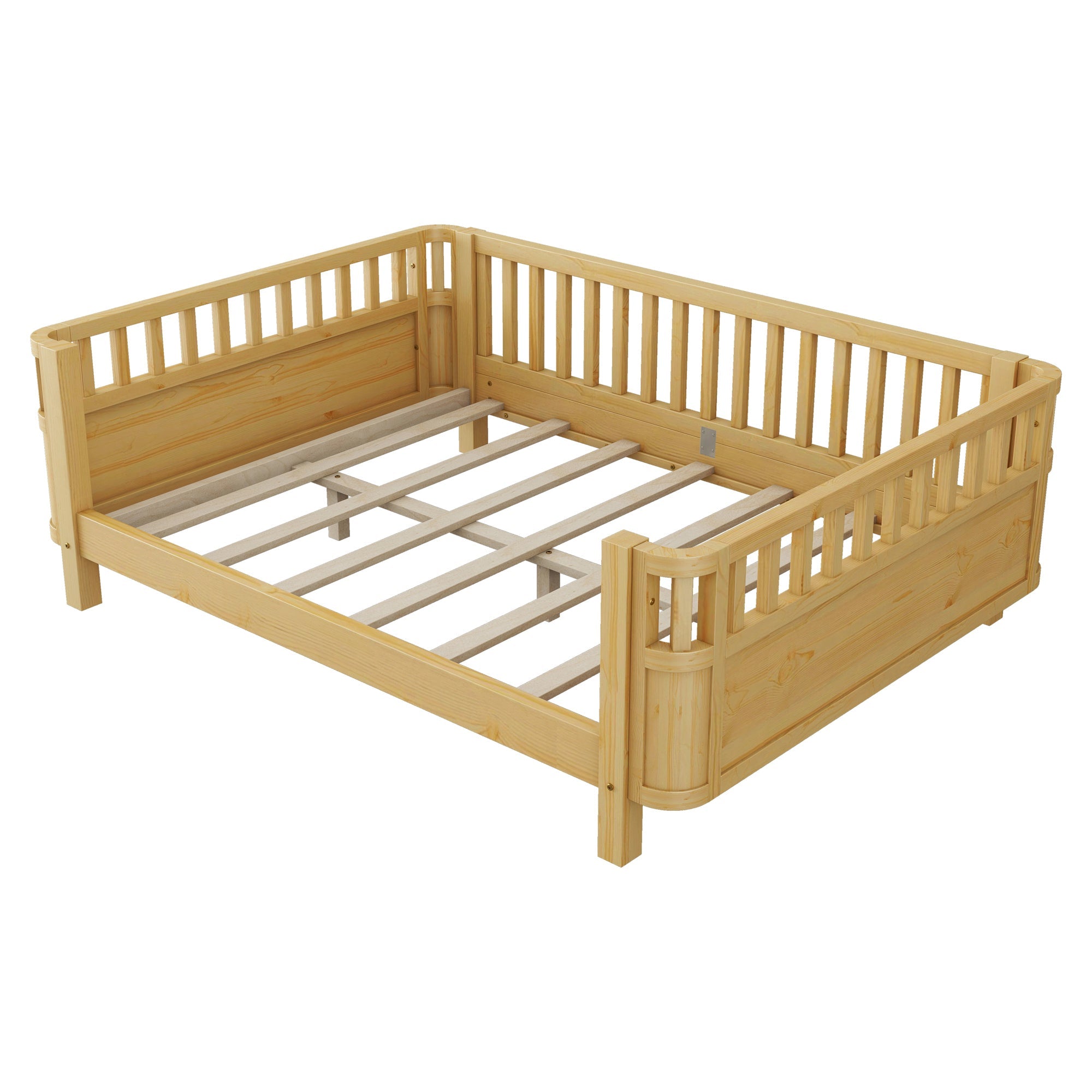 Full Size Wood Platform Bed for Kids, Wood Low Profile Full Bed with Rails for Girls and Boys, Natural (Patented Design, Old SKU W2593P233781)