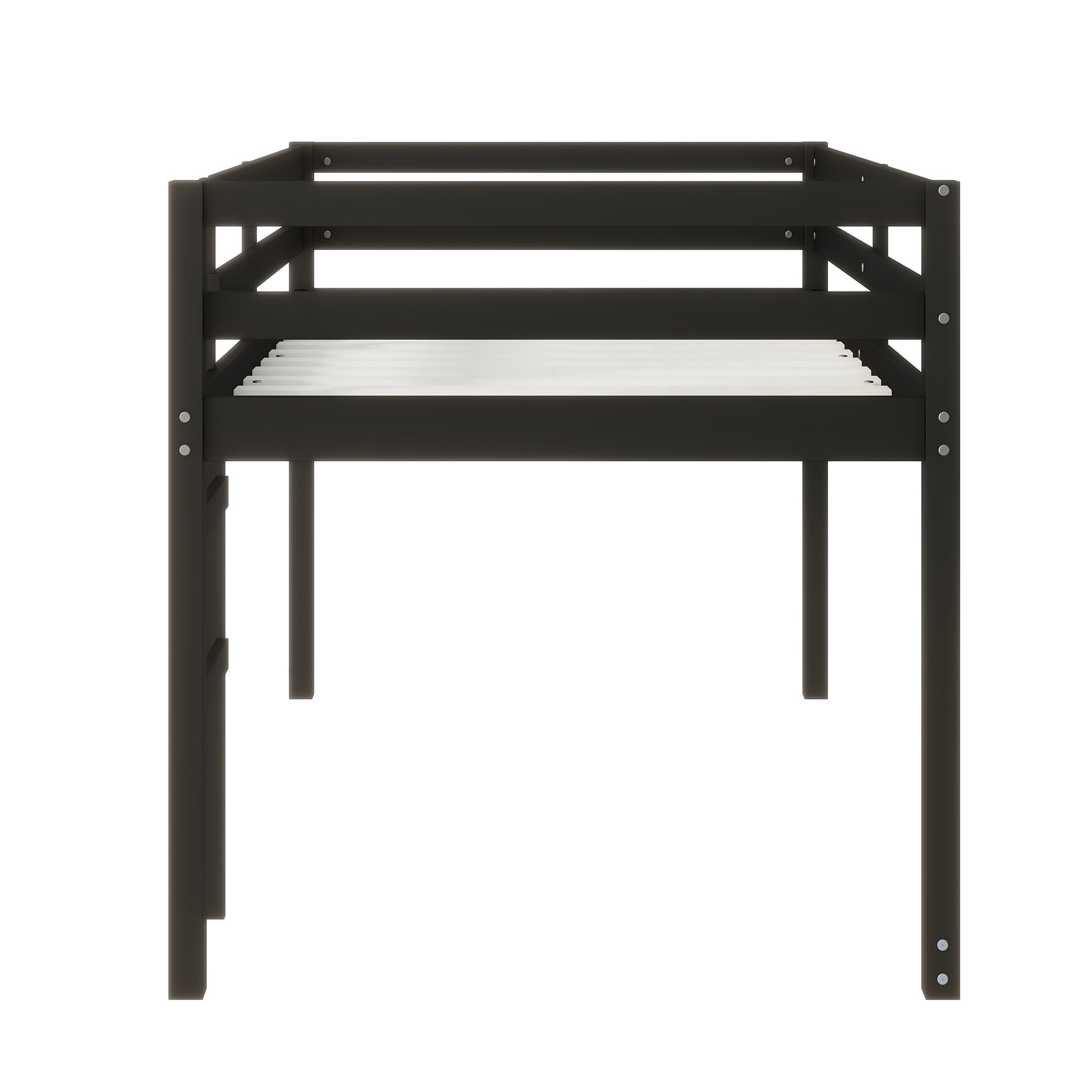 Solid Wooden, Rubber Wooden Twin Loft Bed with Ladder, Bed Platform of Strengthened Slats , Black