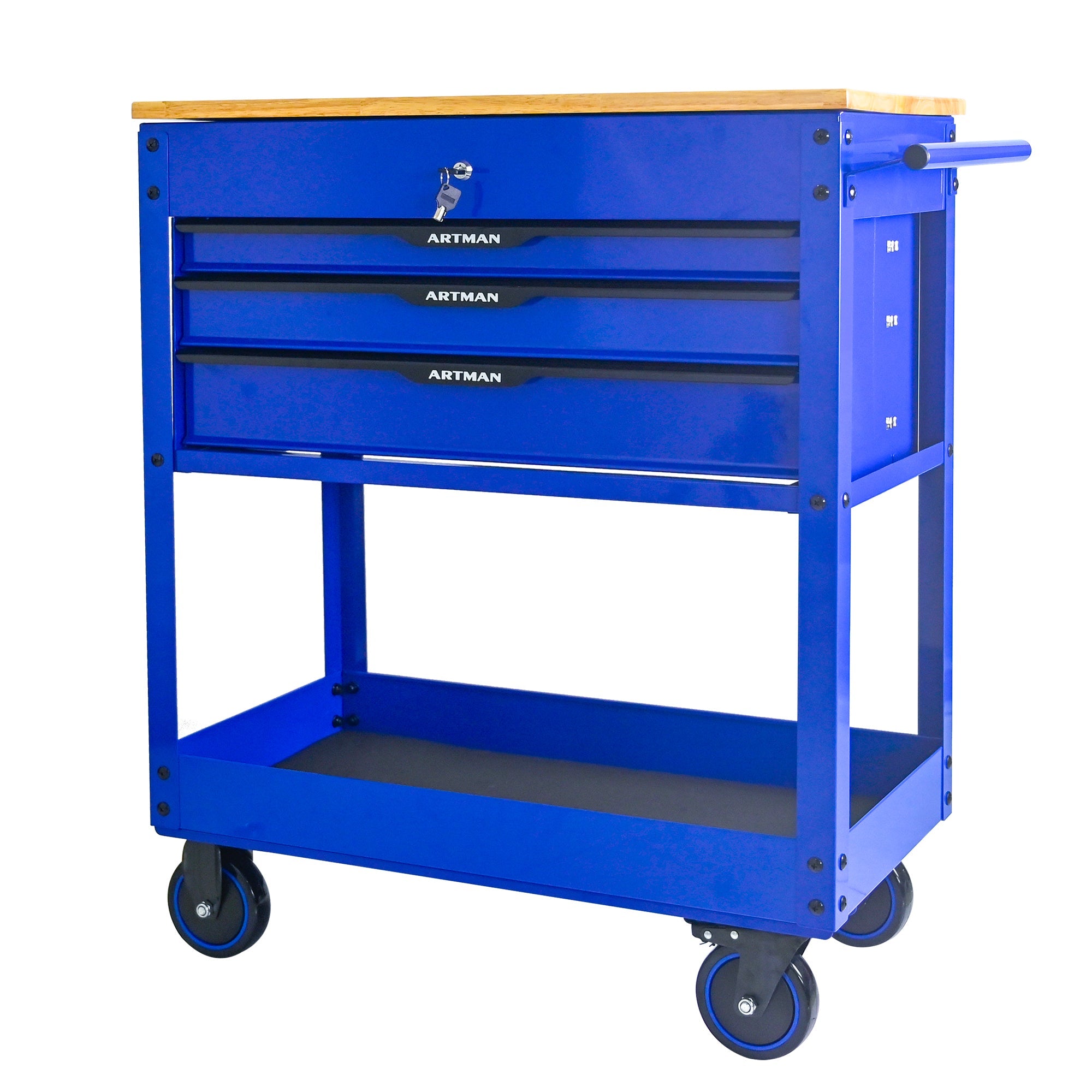 3 DRAWERS MULTIFUNCTIONAL TOOL CART WITH WHEELS AND WOODEN TOP-Blue