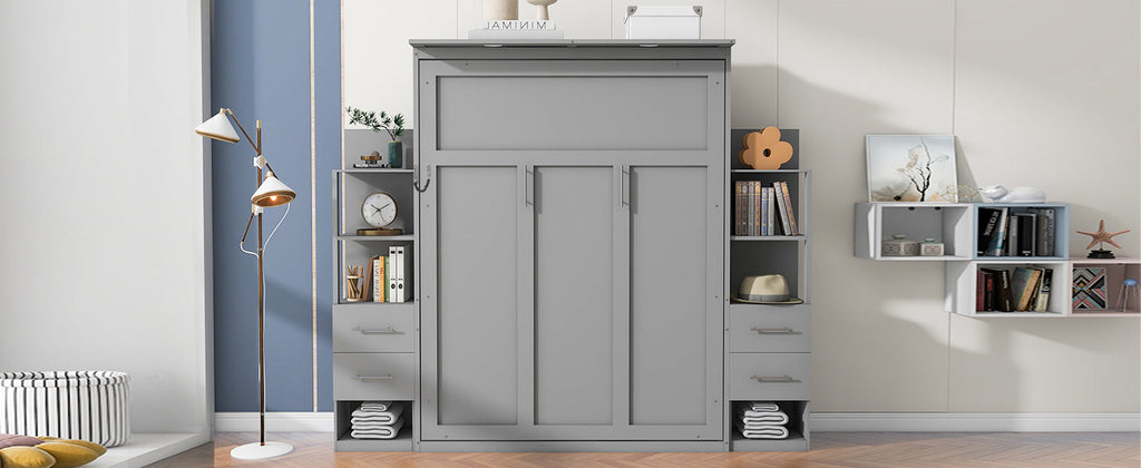 Queen Size Murphy Bed Wall Bed with Shelves, Drawers and Lights,Gray(OLD SKU:LP000566AAE-1)