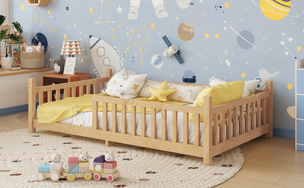 Twin House Bed with Light, Low Floor House Bed with Fence and Roof for Kids Boys Girls,Natural(Expect arrive date 2025/7/20)