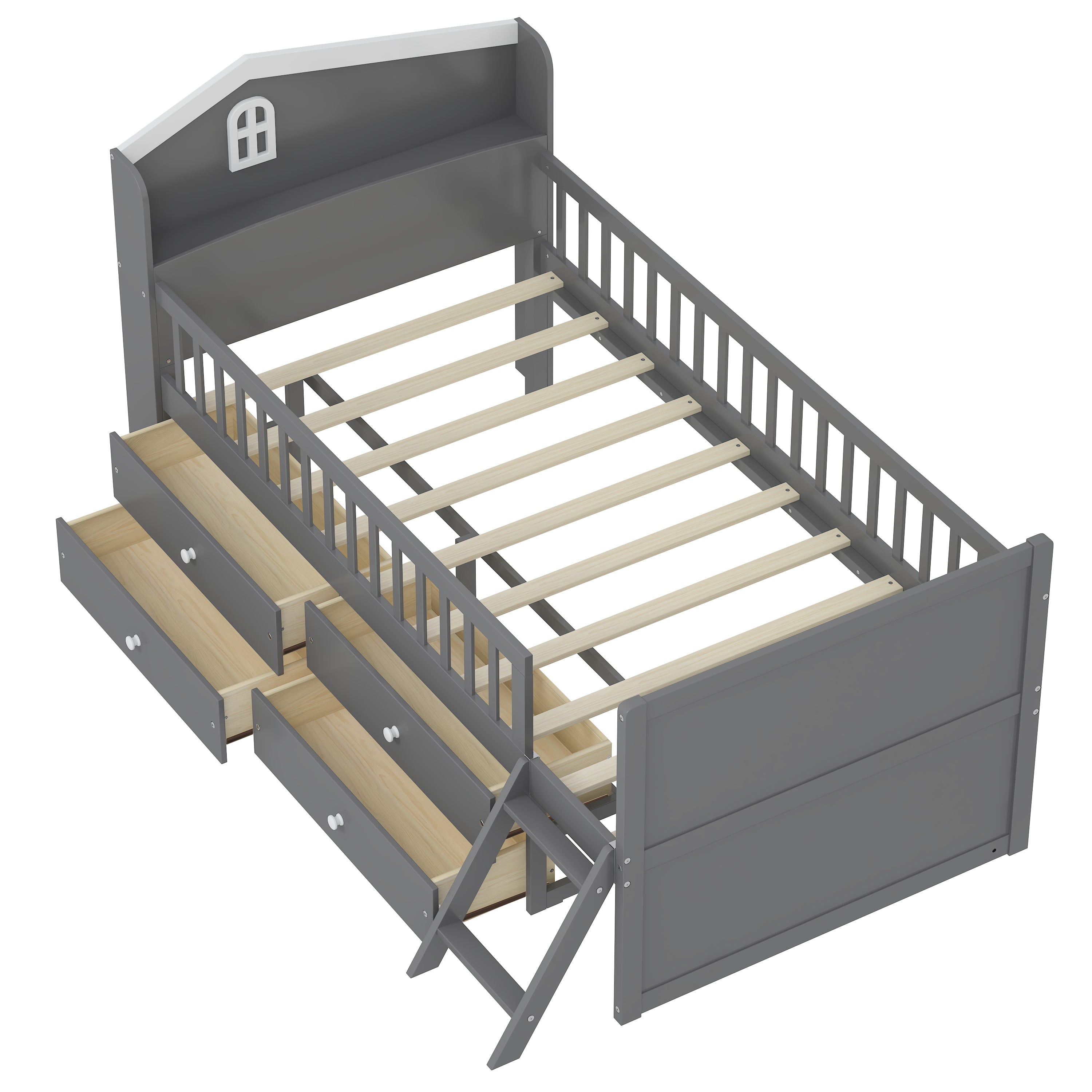 Twin Bed Frame with Storage 4 Drawers,Wooden Bed Frame for Kids,Platform Twin Size Bed with Guardrail Headboard and Ladder, No Box Spring Needed, Easy Assembly, Gray