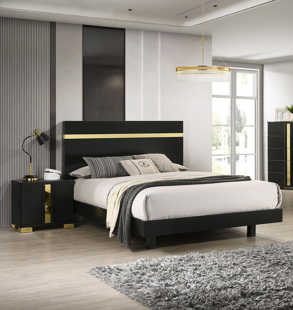 Modern Black 3pc Bedroom Set Full Size Bed w LED 2x Nightstands Mattress Ready Furniture Acrylic Trim