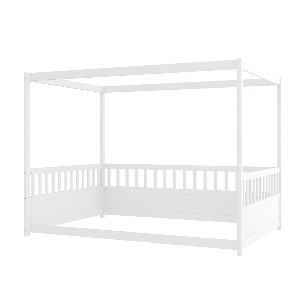 Full Size Canopy Bed Frame with Guardrails for Kids,Floor Bed Full with Four Poster Design,Kids Montessori Floor Bed,Wood Canopy Bed Frame for Girls,Boys(Full,White)