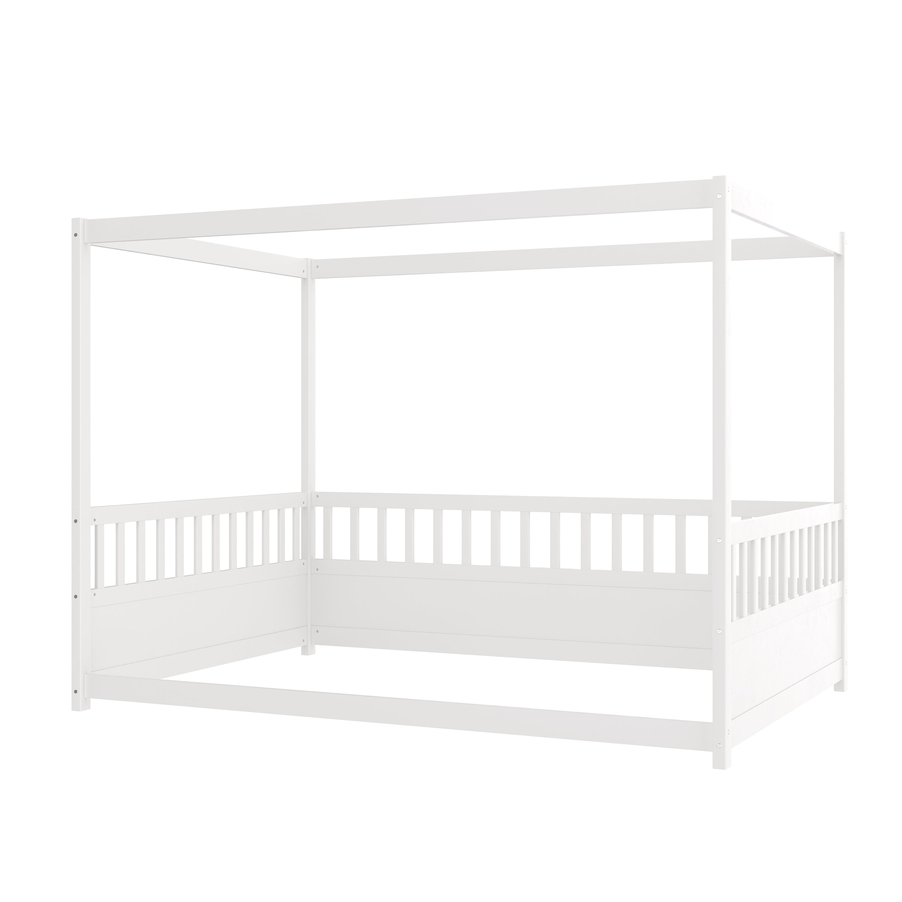 Full Size Canopy Bed Frame with Guardrails for Kids,Floor Bed Full with Four Poster Design,Kids Montessori Floor Bed,Wood Canopy Bed Frame for Girls,Boys(Full,White)