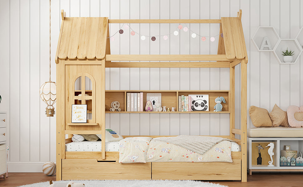 Twin house Beds with Storage Drawers and Window, Solid Wood House Platform Bed Frame with shelves, for Kids, Girls, Boys, No Spring Box Needed and Childlike Design, Natural