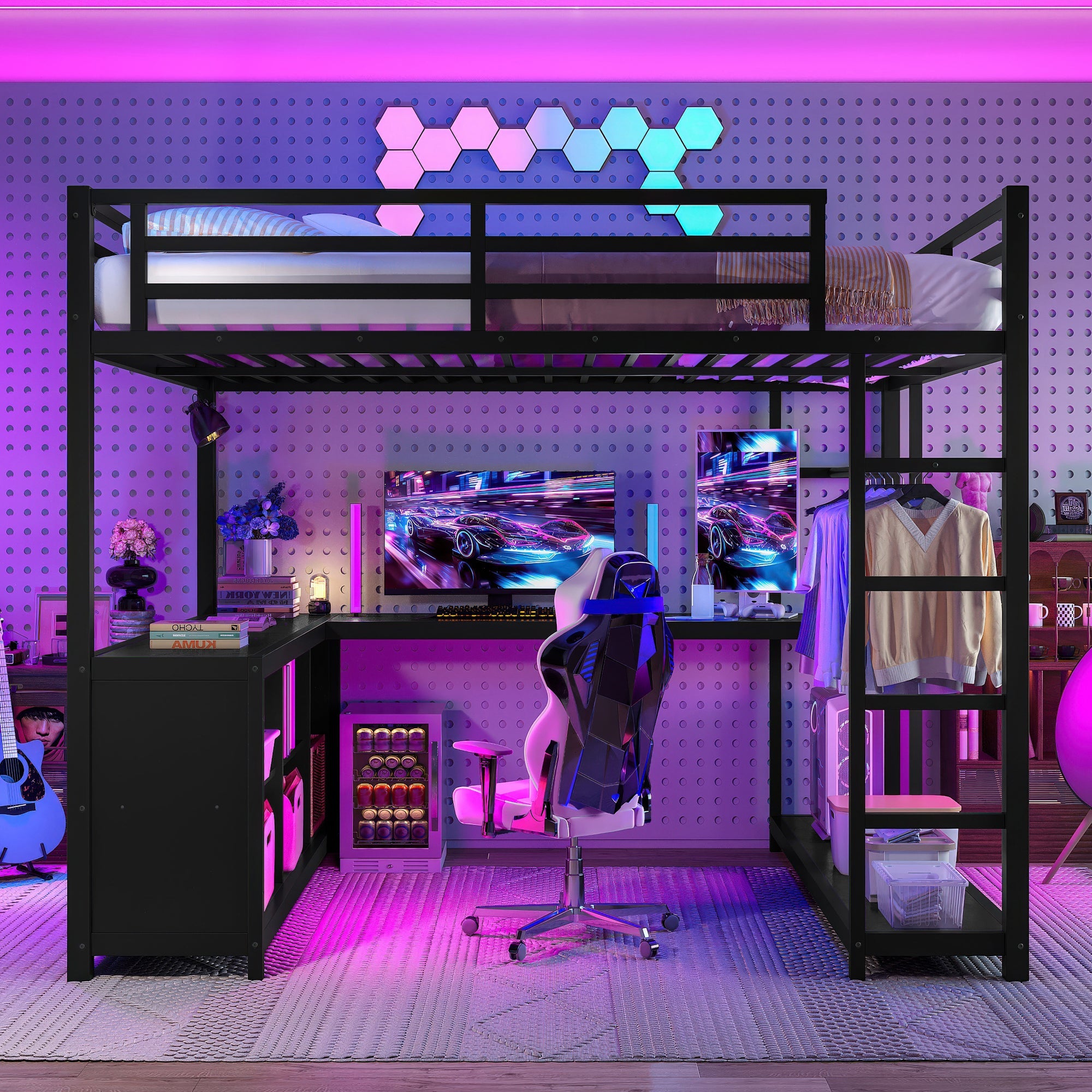 Metal Loft Bed with Wardrobe and L-shaped Desk, Queen Size Loft Bed with Storage Cubes and Shelves, Loft Bed for Kids Teens Adults, Black