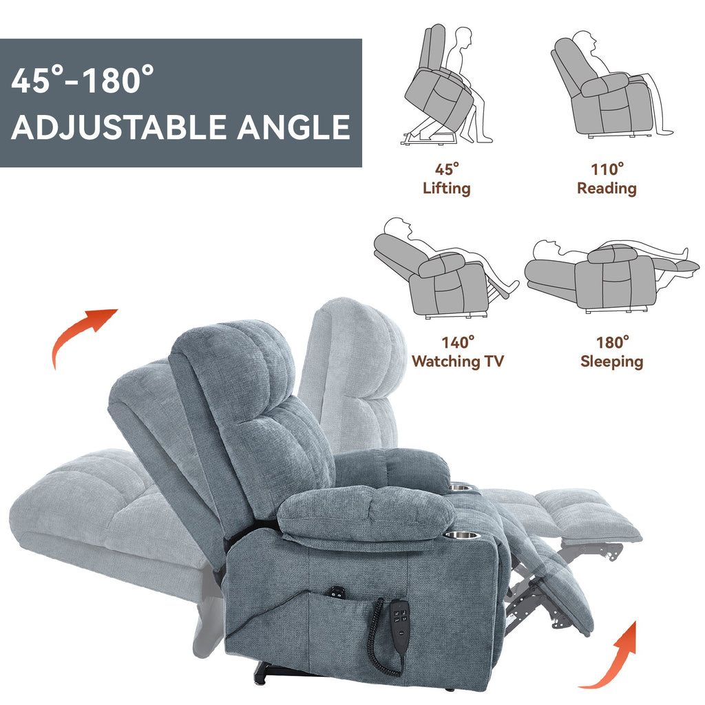 Grey Dual Motor Infinite Position Up to 350 LBS Chenille Power Lift Recliner Chair, Heavy Duty Motion Mechanism with 8-Point Vibration Massage and Lumbar Heating, Dual Cup Holders