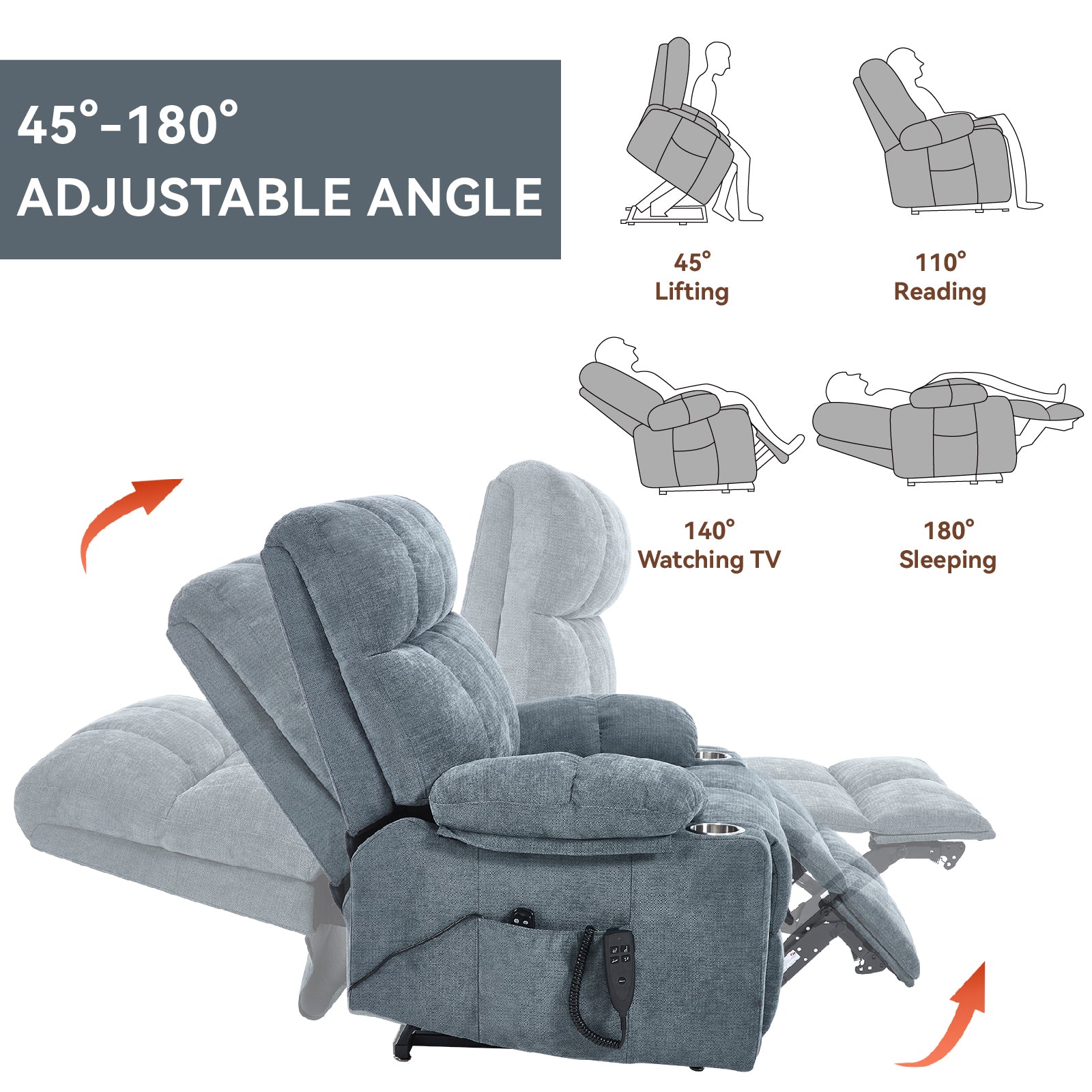 Grey Dual Motor Infinite Position Up to 350 LBS Chenille Power Lift Recliner Chair, Heavy Duty Motion Mechanism with 8-Point Vibration Massage and Lumbar Heating, Dual Cup Holders