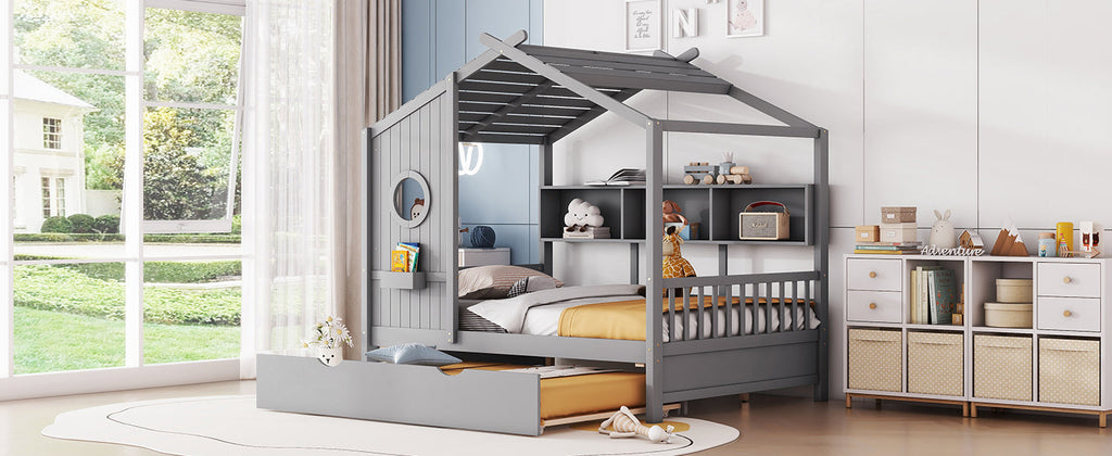 Wooden Full Size House Bed With Trundle, Modern Design for Kids with Storage Shlef, Gray(old SKU HL000095AAE)