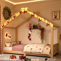 Twin House Floor Bed with Support Slats, Solid Wood House Bed Frame for Kids, No Box Spring Needed and Opening Constructure, Natural