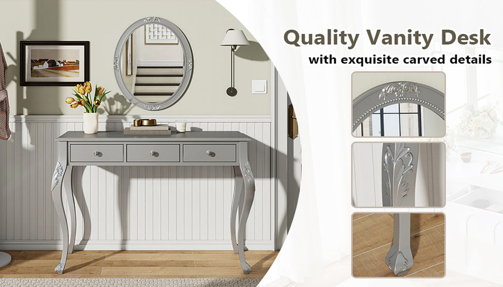 Luxury Makeup Vanity Desk with Oval Mirror, 3-Drawer Dressing Table for Jewelry Storage, Elegant Console Table for Entryway, Living Room & Bedroom, Stylish Home Decor,Silver