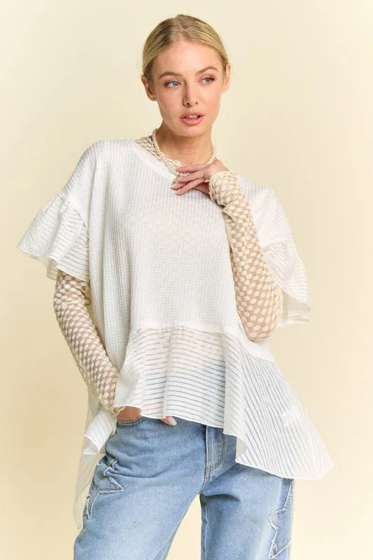 Davi & Dani Waffle Knit Bodice Ruffle Bottom Detail Top