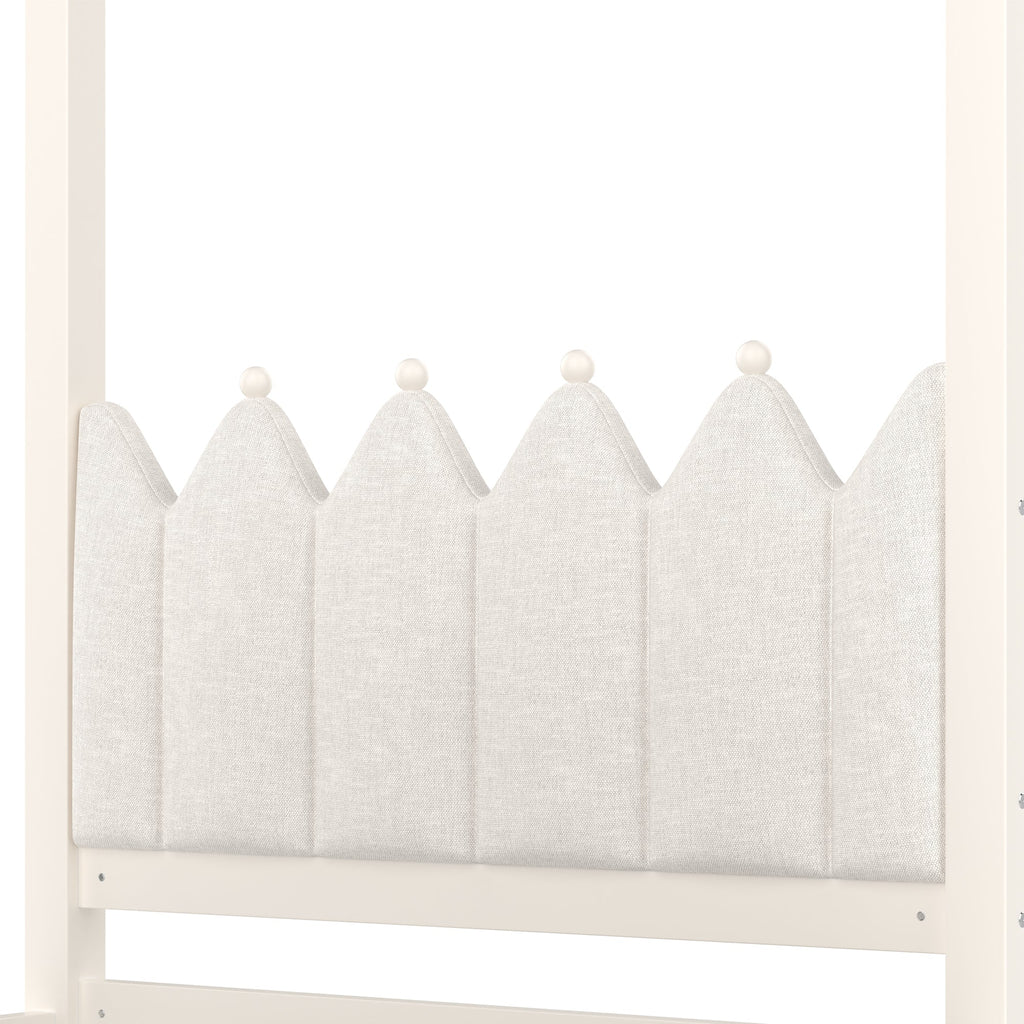 Twin Platform Bed with Upholstered Headboard,Twin Size Trundle and 3 Drawers,Princess Canopy Bed Frame for Kids,Storage & Easy Assembly,Beige
