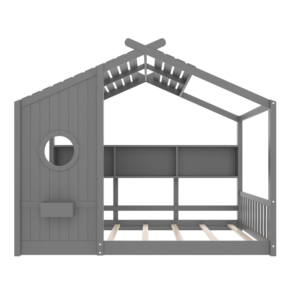 Full Size Floor House Bed for Toddler, Kids Montessori Bed  with Storage Shelf, Playhouse Bed with Roof Design, Gray