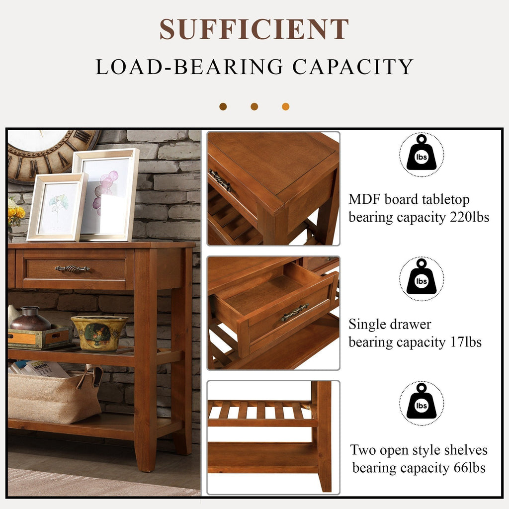 Console Sofa Table with 2 Storage Drawers and 2 Tiers Shelves, Mid-Century Style 42'' Solid Wood Buffet Sideboard for Living Room Furniture Kitchen Dining Room Entryway Hallway, Brown