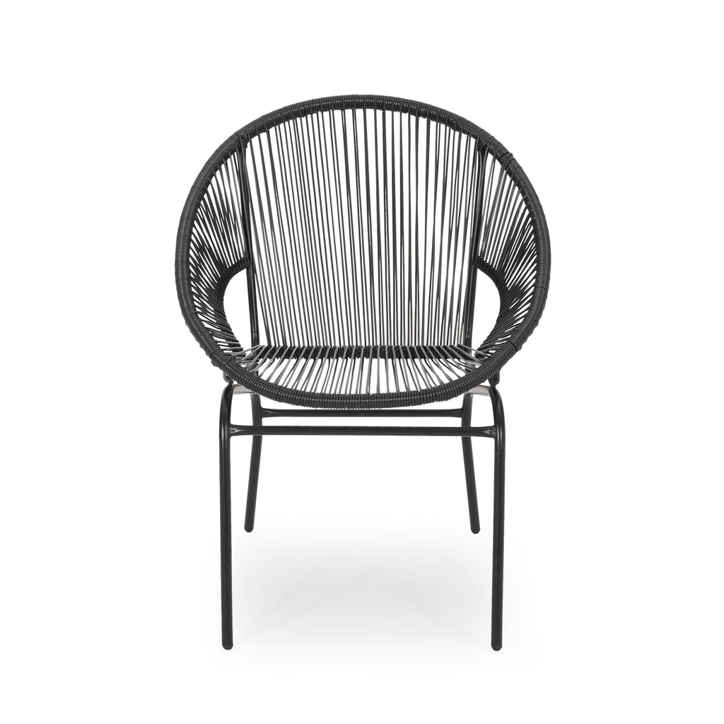 Outdoor Faux Rattan/Iron Metal Club Chair, Set of 2, Black