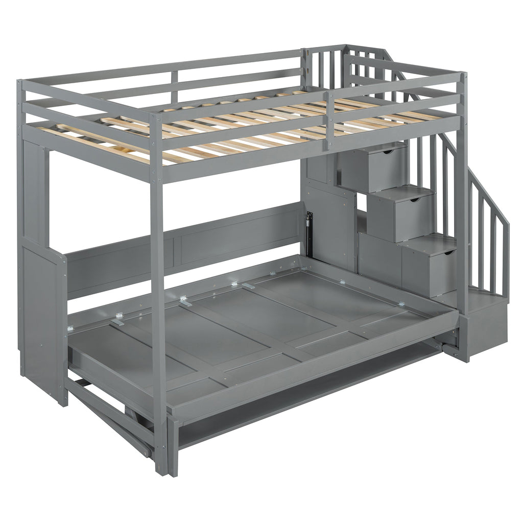 Full Over Full Size Murphy Bed with Hydraulic Lift & Desk Design, Gray