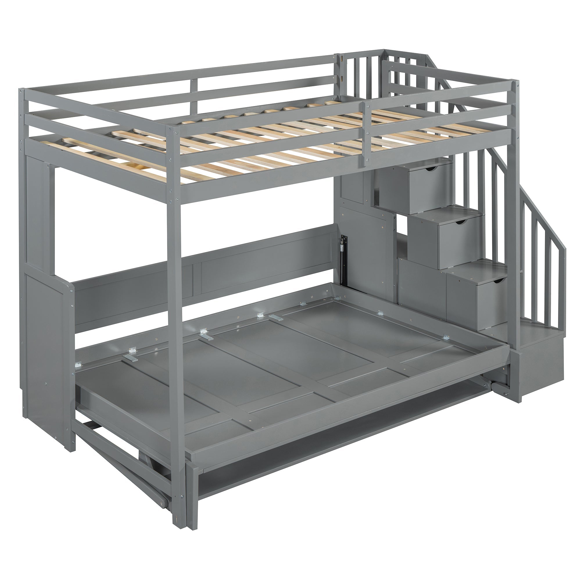 Full Over Full Size Murphy Bed with Hydraulic Lift & Desk Design, Gray