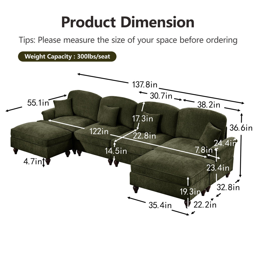 Classic U Shape 4 Seater Modular Sectional Sofa Couch with Flared Arms and Removable Ruffles Pleats Skirts and Spindle Legs, Chenille Deep Seat Cloud Sofa with Movable Ottomans, Green