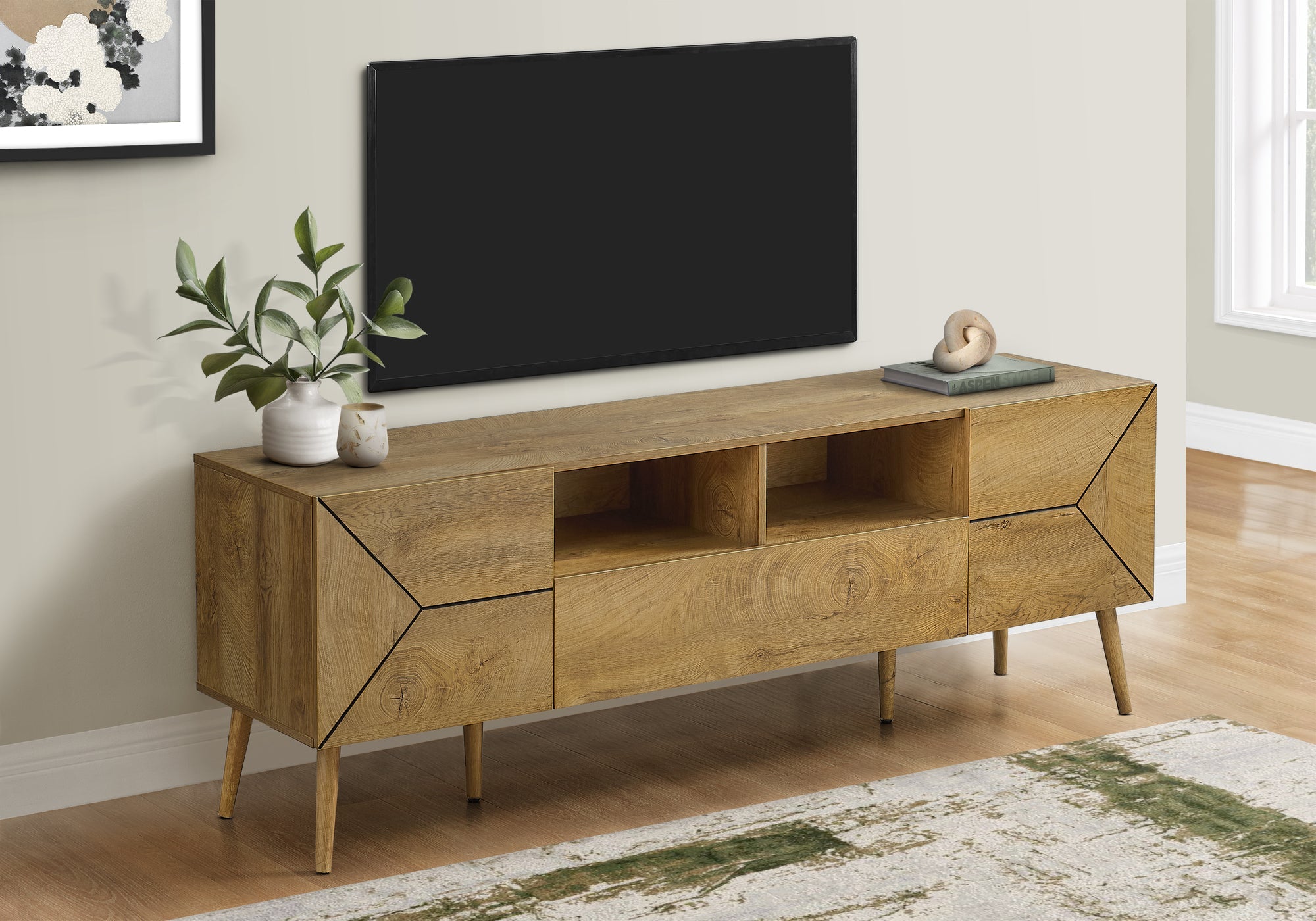 Tv Stand, 72 Inch, Console, Media Entertainment Center, Storage Drawer, Walnut Laminate, Mid Century, Modern