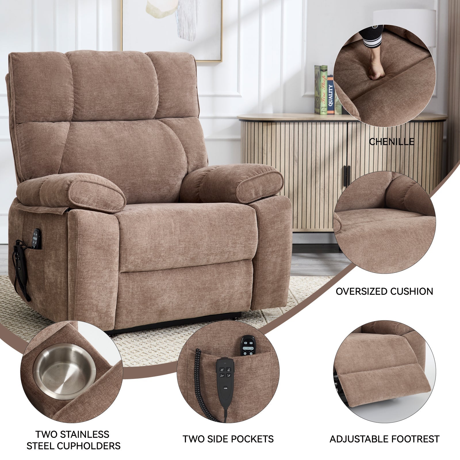 Brown Heat Massage Dual Motor Infinite Position Up to 350 LBS Large Electric Power Lift Recliners with Hidden Cup Holders, Power-Remote, Medium-firm and Heavy Duty