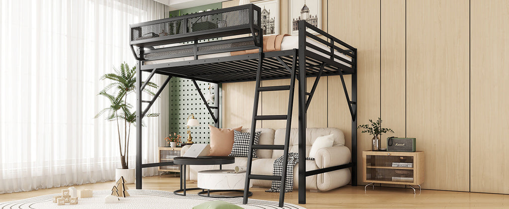 Full Size Loft Bed with Ladder, Metal Full Loft Bed with Storage Shelves, High Loft Bed for Kids Teens, Black(Expect Arrival Date 2025/11/26, Old SKU W2580P353531)
