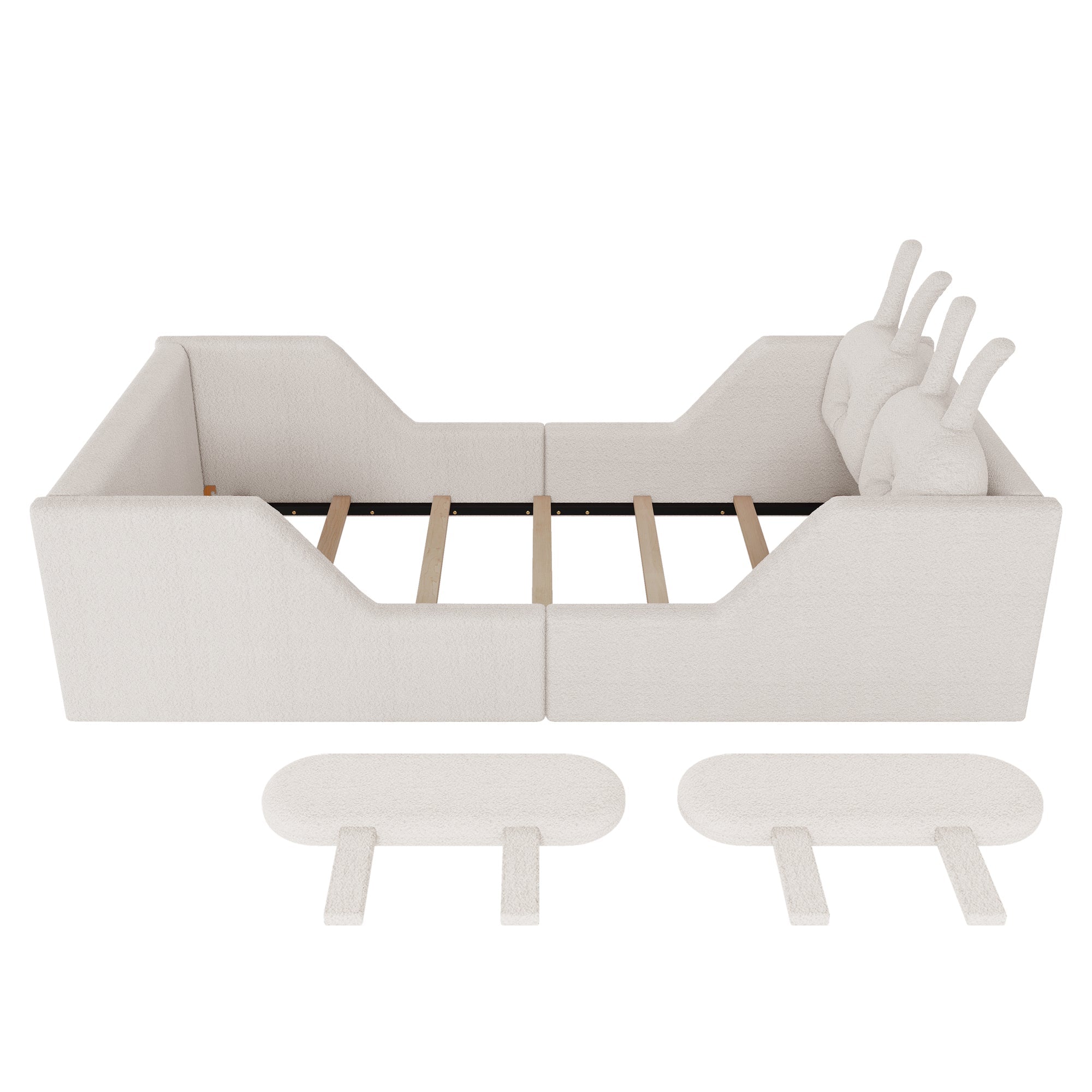 Twin Size Upholstered Platform Bed with Rabbit Cushion, Kids Floor Upholstered Bed with Removable Side Rails, White(Expect Arrival Date 2025/1/15)