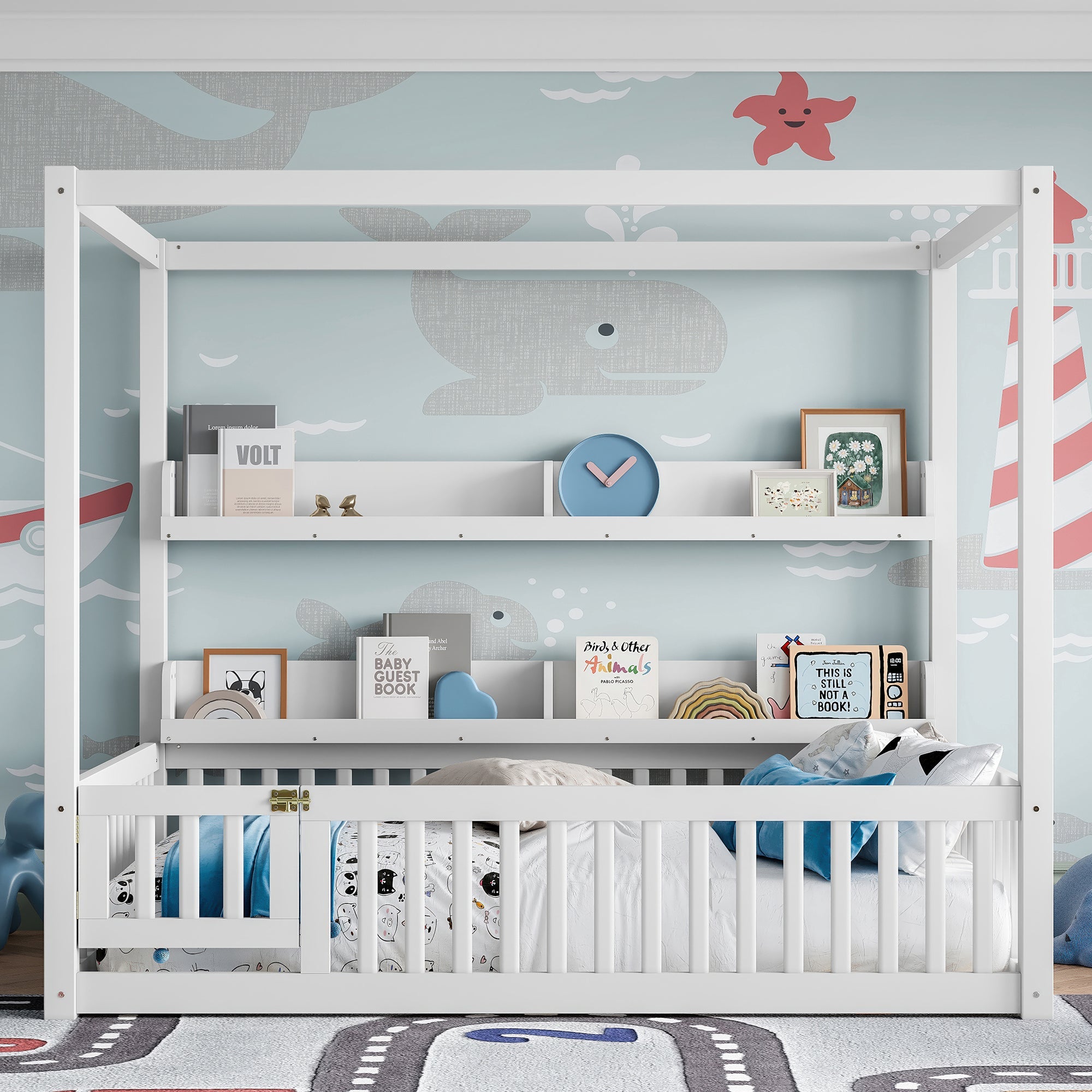 Full Size Canopy Bed with Guardrails, Solid Wood Floor Bed with Shelves, Montessori Floor Bed Frame for Kids, Boys, Girls, No Spring Box Needed, White