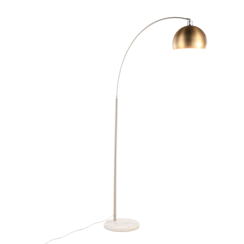 March Contemporary Floor Lamp in White Marble and Nickel with Antique Brass Metal Shade by LumiSource