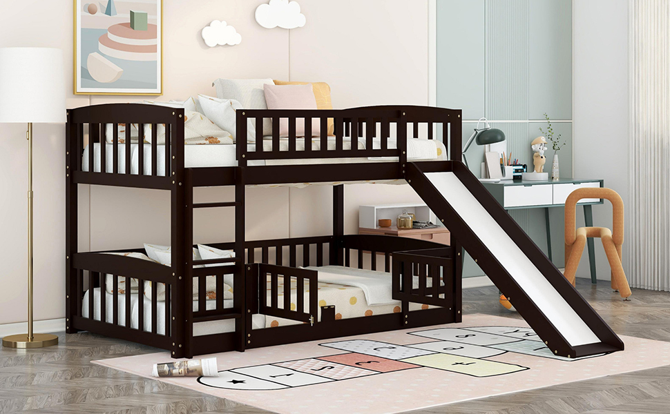 Bunk Bed with Slide,Twin Over Twin Low Bunk Bed with Fence and Ladder for Kids Teens Espresso