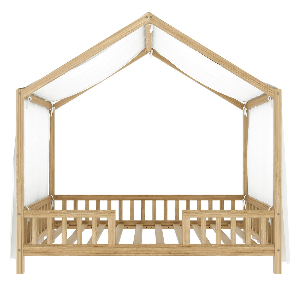 Montessori Floor Bed with Canopy, Twin Bed Frame for Kids, House Shape Kids Bed Frame with High Railings, Wood Kids Bed with Roof, Kid Twin Bed, Natural