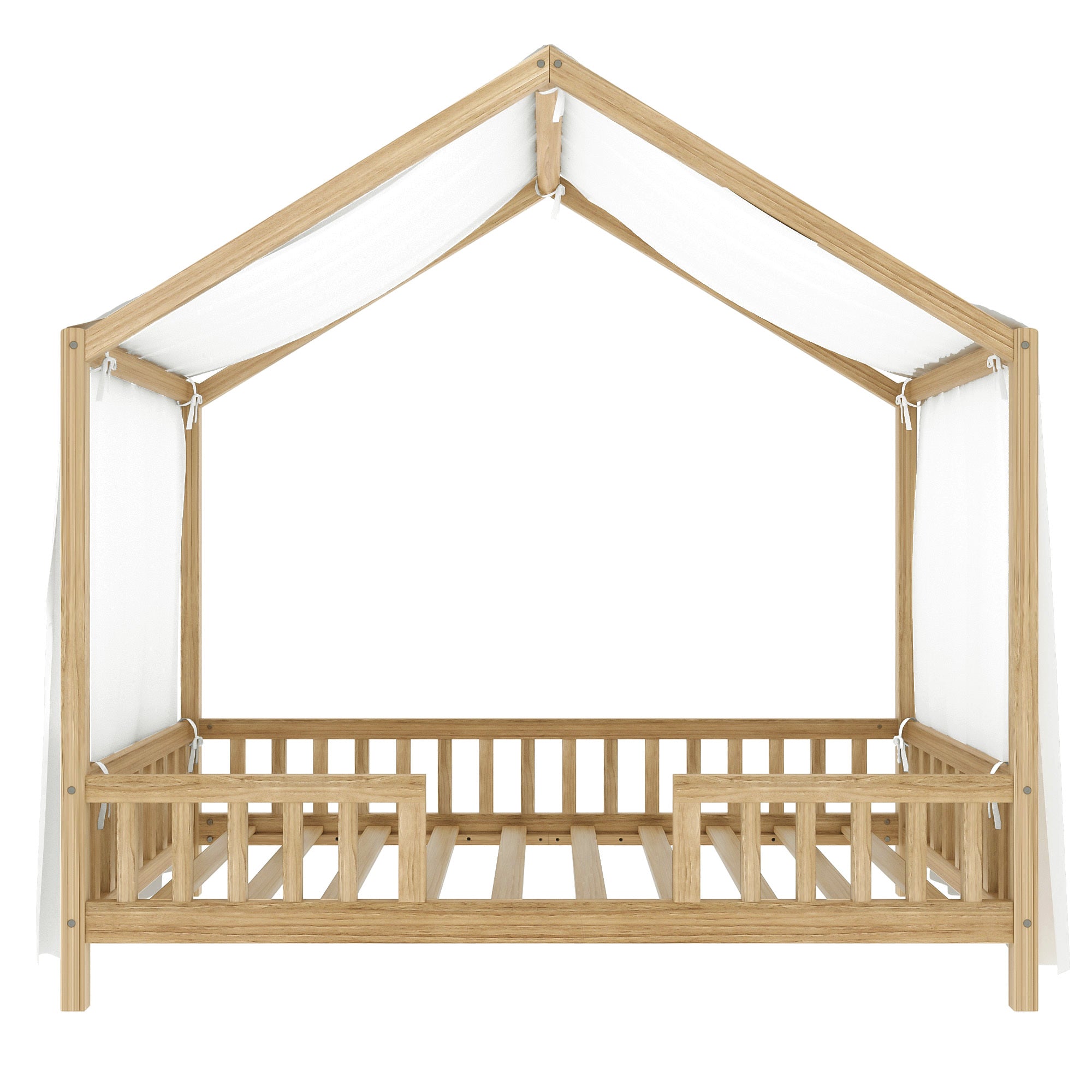 Montessori Floor Bed with Canopy, Twin Bed Frame for Kids, House Shape Kids Bed Frame with High Railings, Wood Kids Bed with Roof, Kid Twin Bed, Natural