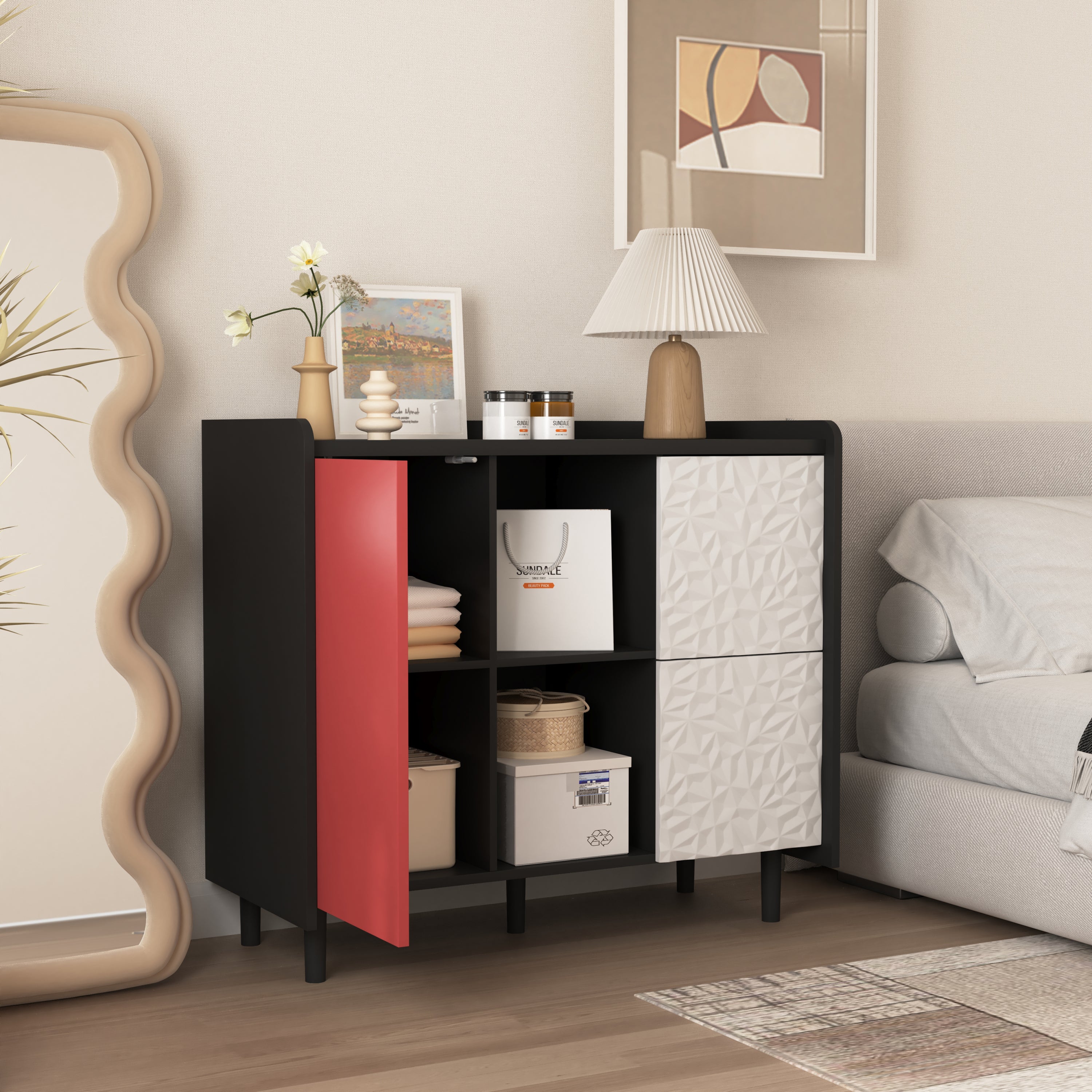 Sideboard Buffet Cabinet, Black Storage Cabinet with Red Doors , 2 Drawers with unique panel styling and 2 Open Storage Compartment, Modern Coffee Bar Cabinet Accent Cabinet for Kitchen, Dining Room,